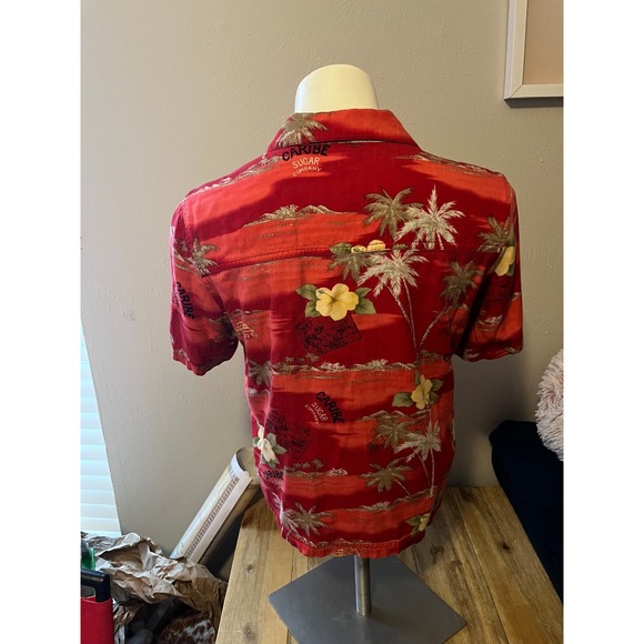 Island Traders Red Tropical Palm Tree Floral Button Up Shirt Women's Size M - Picture 2 of 3